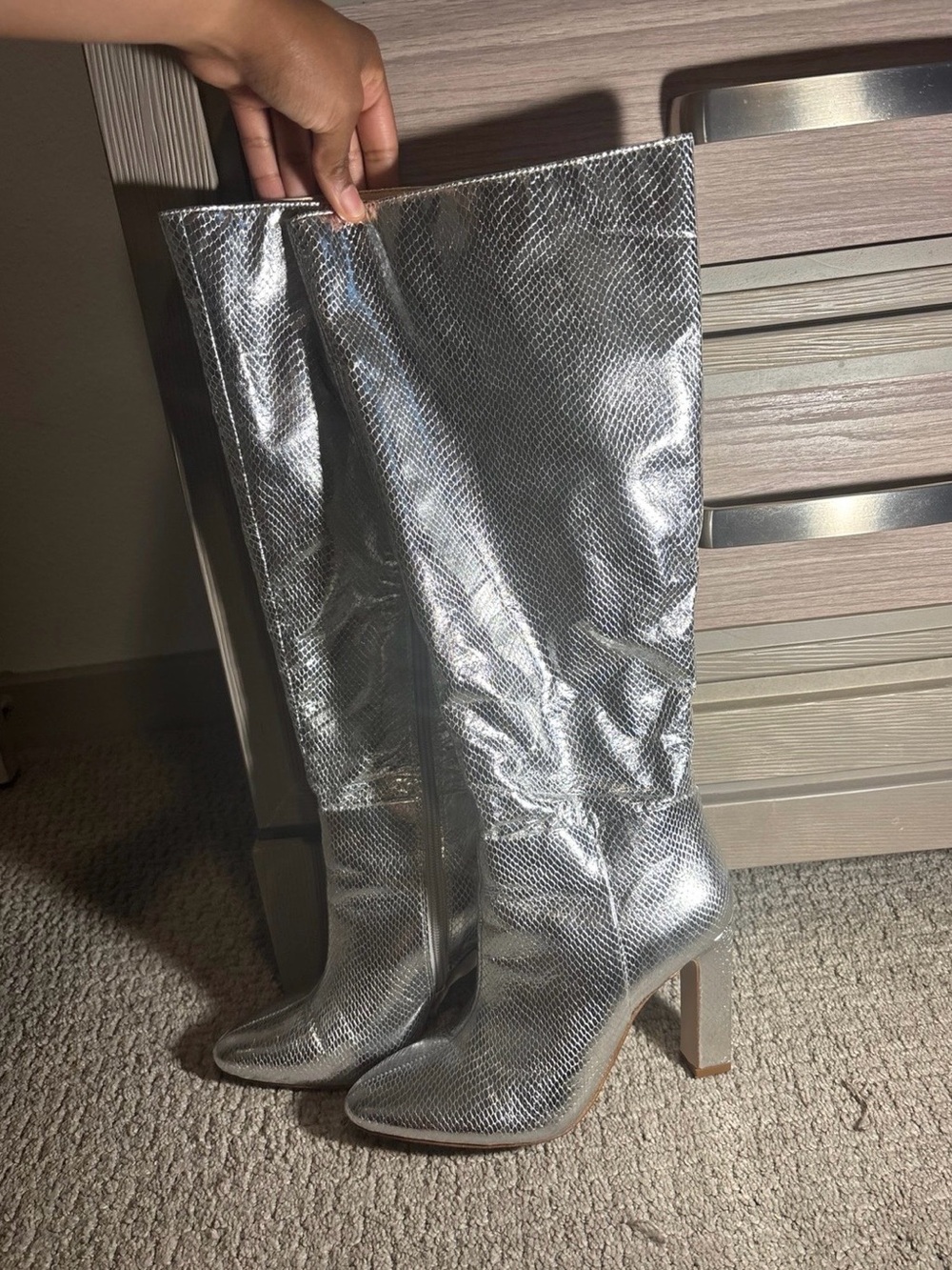Jessica Simpson Silver Textured Knee-High Block Heel Boots - Women's